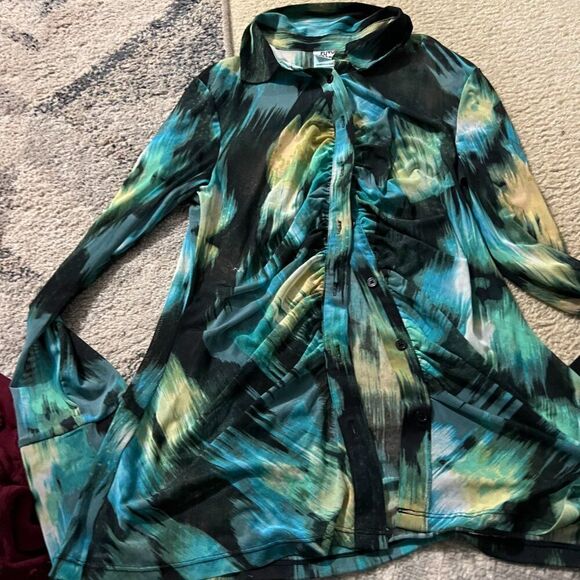 WOMENS LONG SLEEVE TOP BUTTON UP RUCHED TIE DYE SEMI SHEER FUTURE COLLECTIVE M - Picture 6 of 10